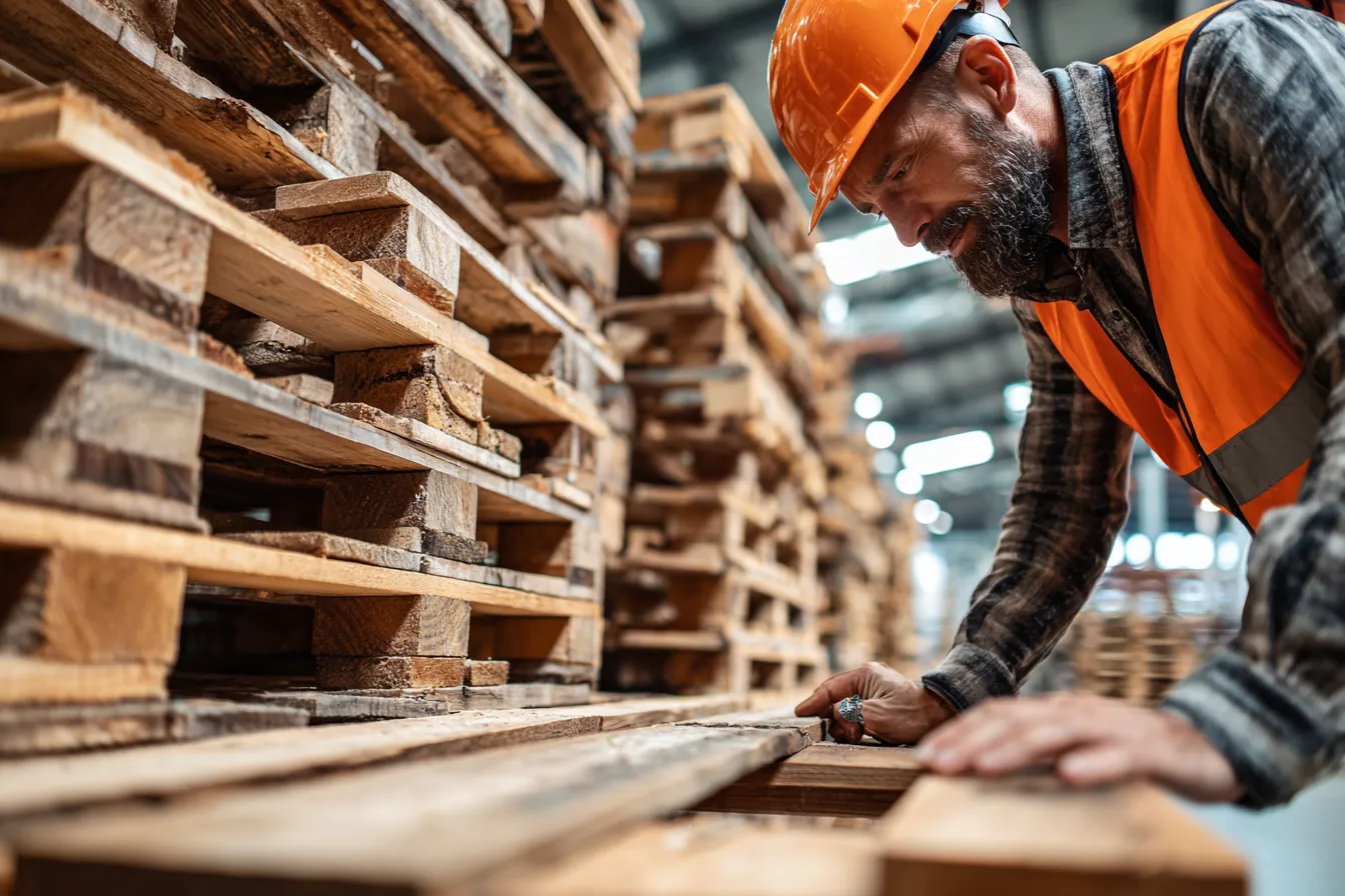 Trabajador industrial inspeccionando tarimas en bodega